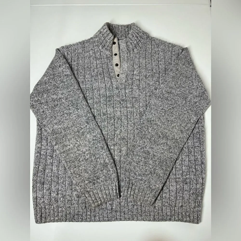 Marks & Spencer Vintage Knit Cotton Sweater 4 buttons Gray Mock Neck Size L